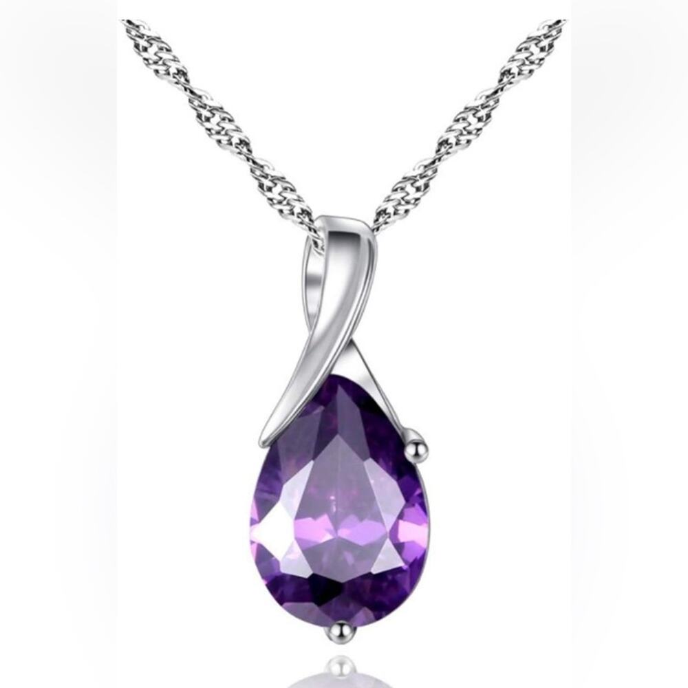 Sterling Silver Purple Cubic Zirconia Teardrop Pendant NIB